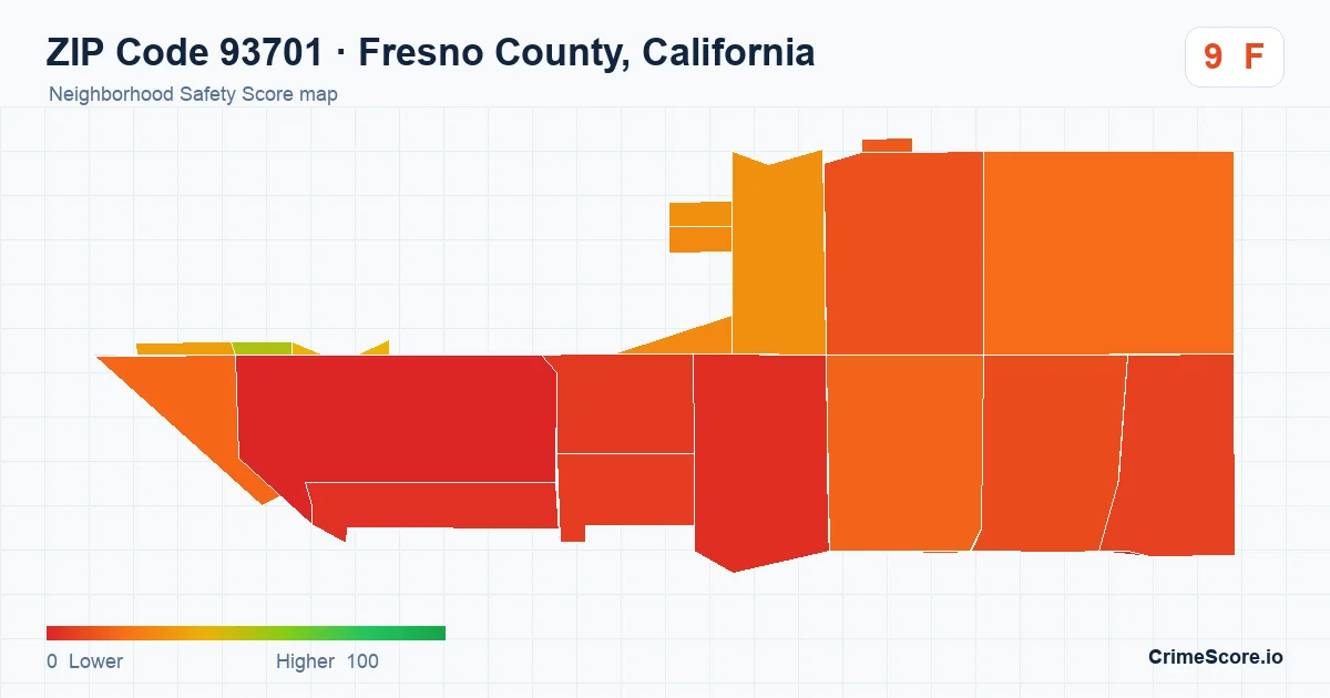ZIP Code 93701 in Fresno County, California neighborhood Safety Score map