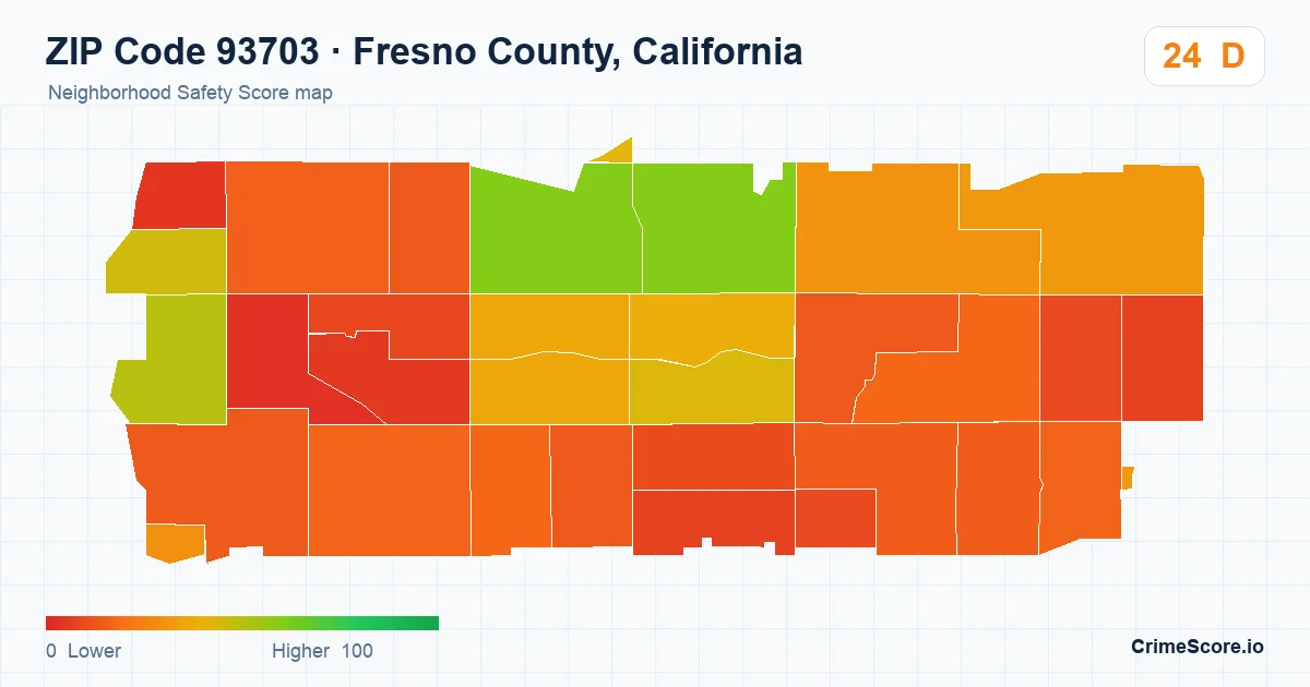 ZIP Code 93703 in Fresno County, California neighborhood Safety Score map
