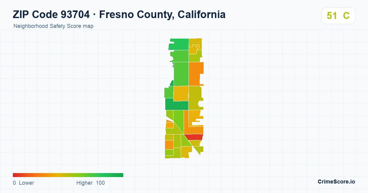 ZIP Code 93704 in Fresno County, California neighborhood Safety Score map