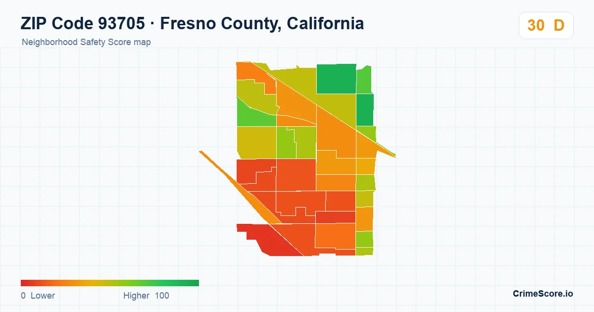 ZIP Code 93705 in Fresno County, California neighborhood Safety Score map