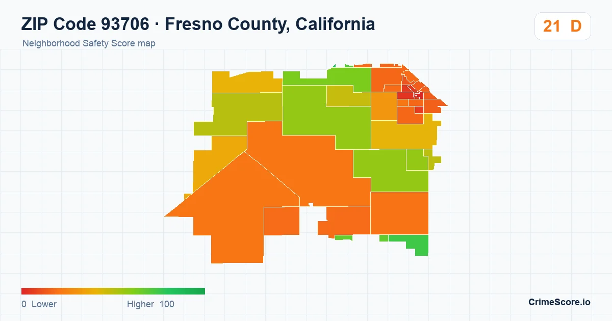 ZIP Code 93706 in Fresno County, California neighborhood Safety Score map