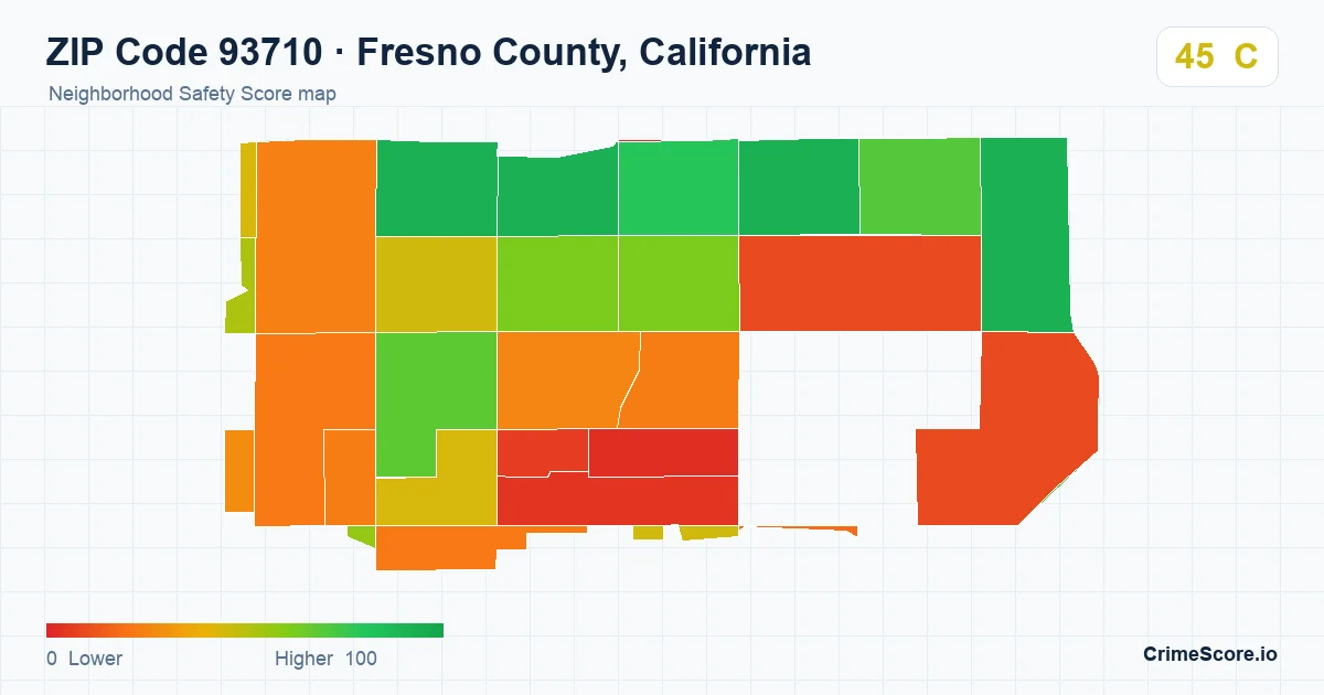 ZIP Code 93710 in Fresno County, California neighborhood Safety Score map