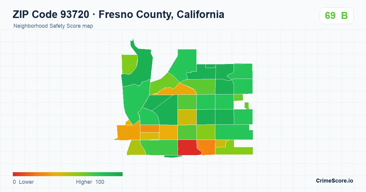 ZIP Code 93720 in Fresno County, California neighborhood Safety Score map