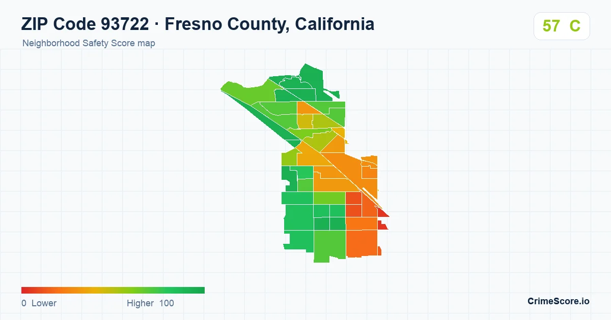 ZIP Code 93722 in Fresno County, California neighborhood Safety Score map
