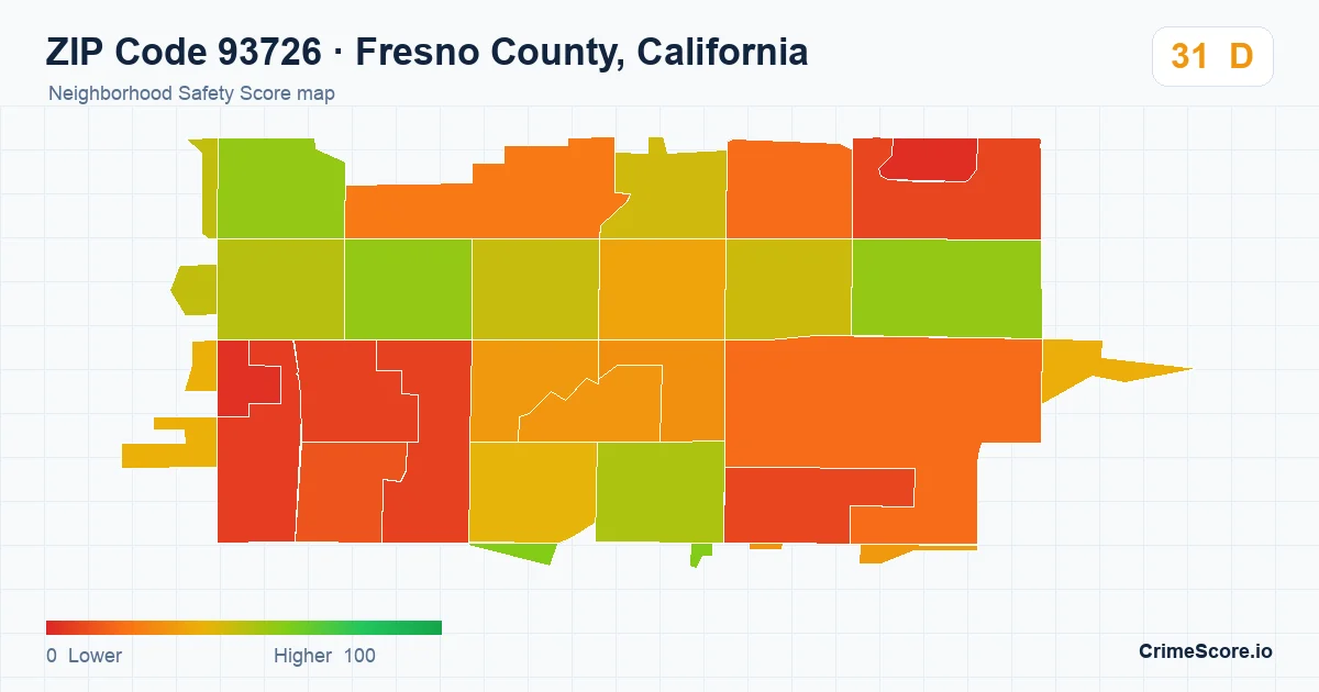 ZIP Code 93726 in Fresno County, California neighborhood Safety Score map