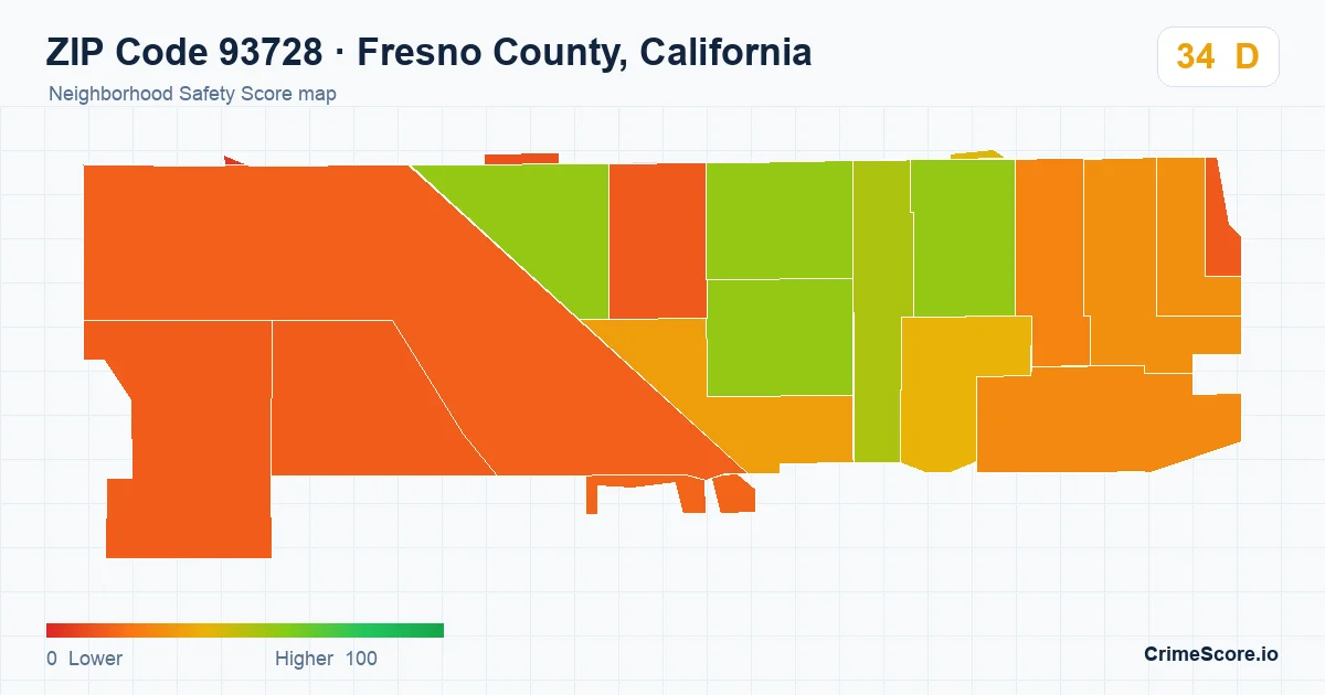 ZIP Code 93728 in Fresno County, California neighborhood Safety Score map