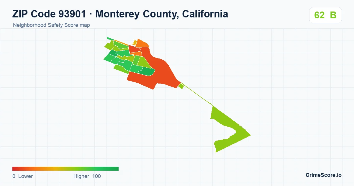 ZIP Code 93901 in Monterey County, California neighborhood Safety Score map