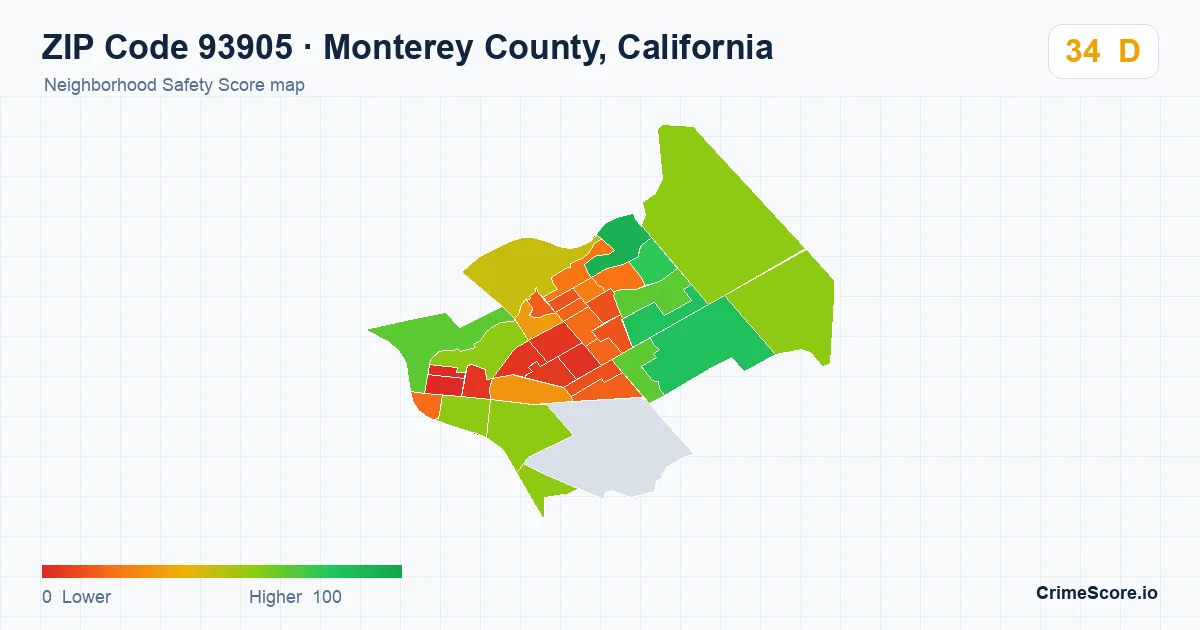 ZIP Code 93905 in Monterey County, California neighborhood Safety Score map