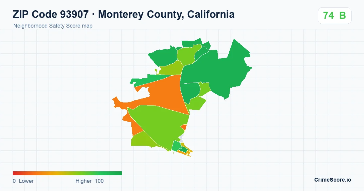 ZIP Code 93907 in Monterey County, California neighborhood Safety Score map