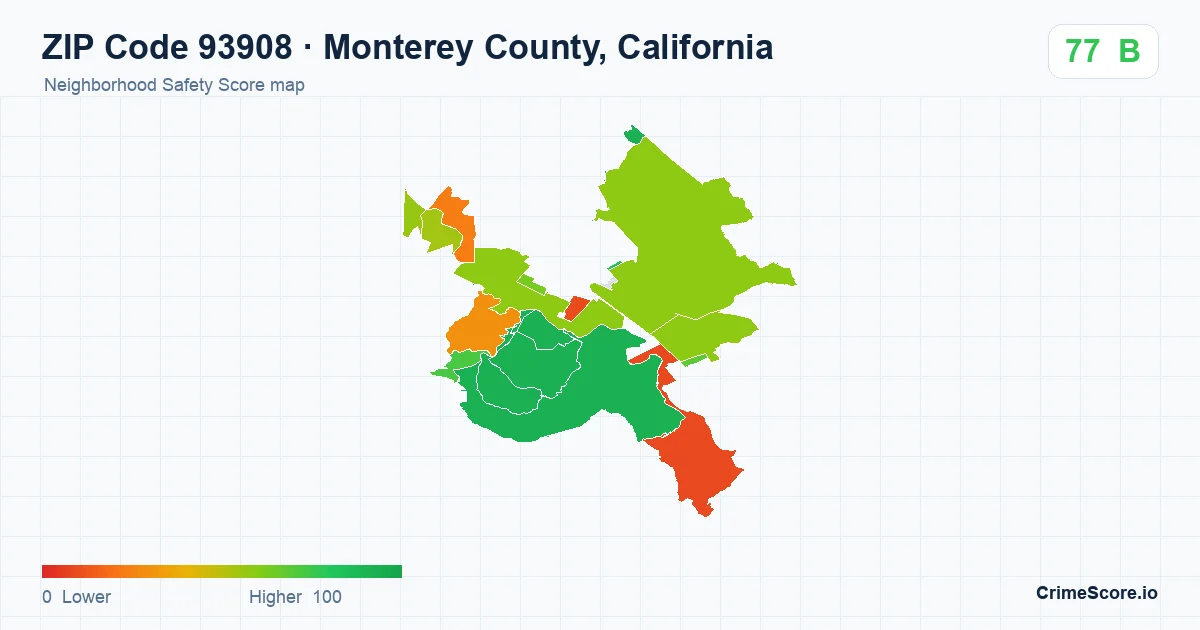 ZIP Code 93908 in Monterey County, California neighborhood Safety Score map