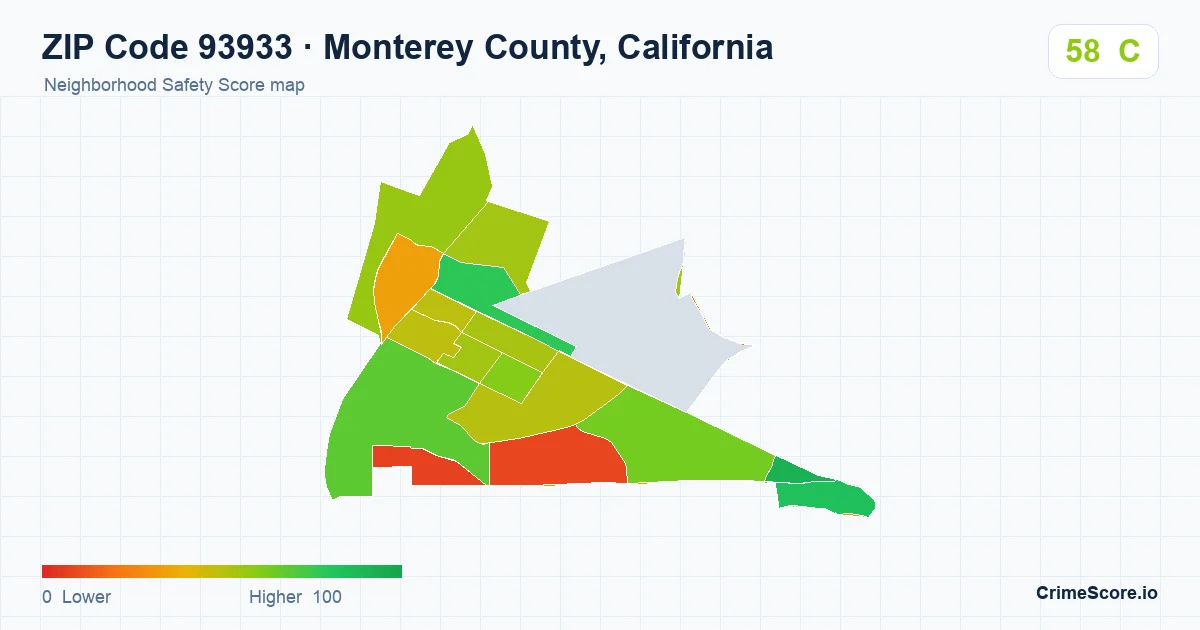 ZIP Code 93933 in Monterey County, California neighborhood Safety Score map