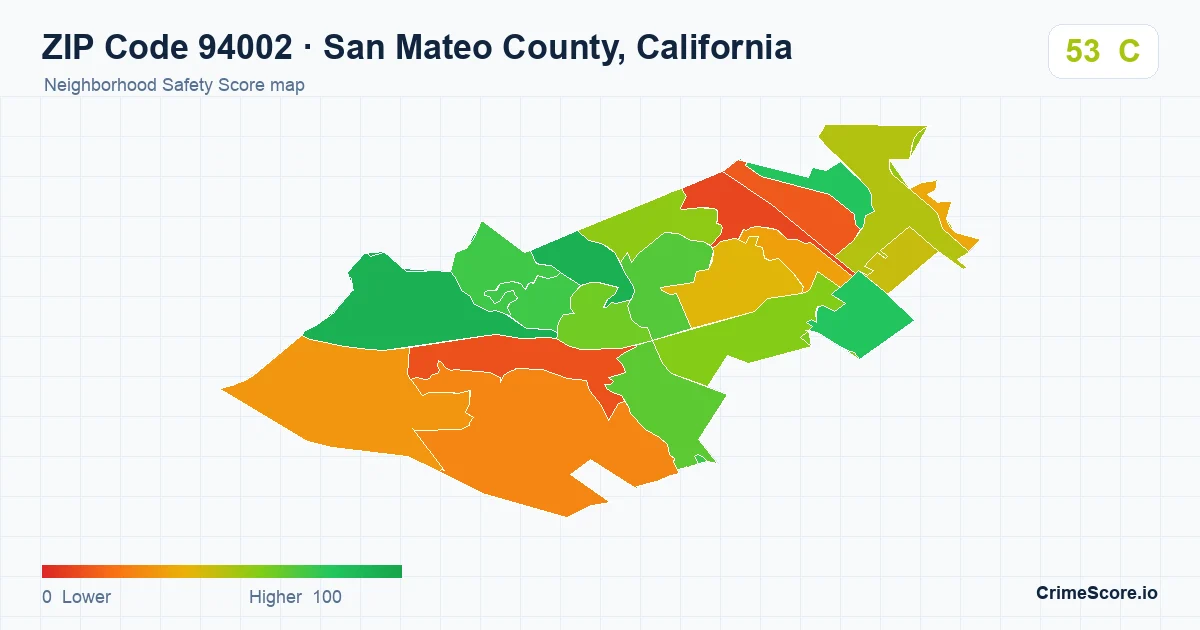ZIP Code 94002 in San Mateo County, California neighborhood Safety Score map