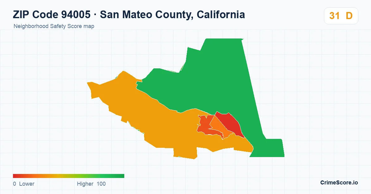 ZIP Code 94005 in San Mateo County, California neighborhood Safety Score map