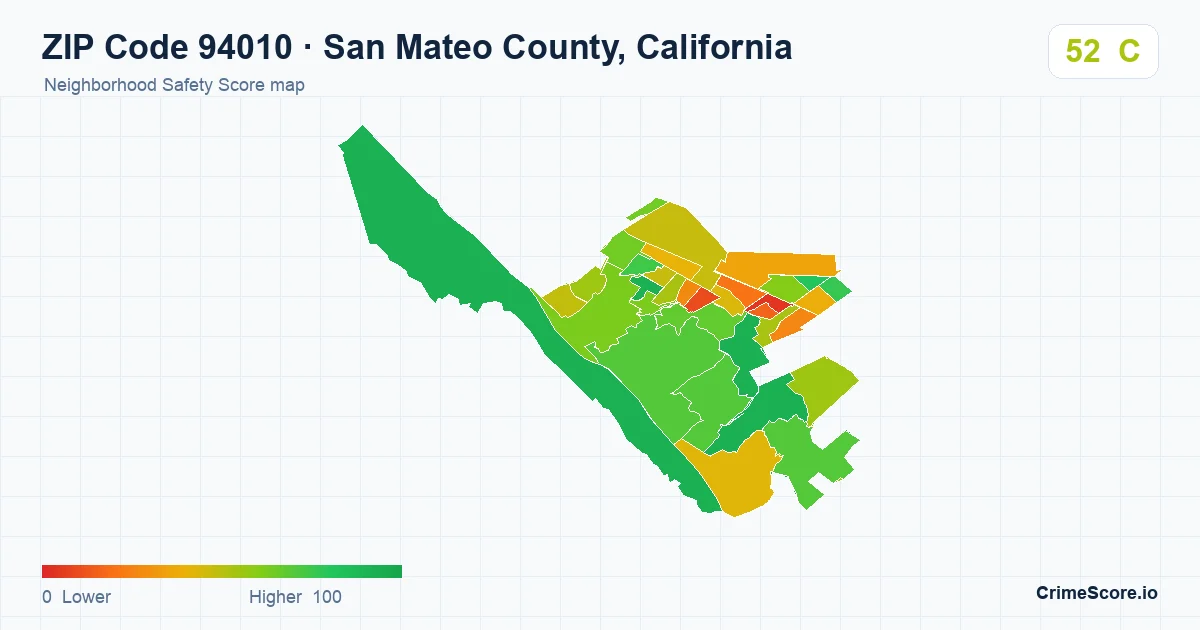 ZIP Code 94010 in San Mateo County, California neighborhood Safety Score map
