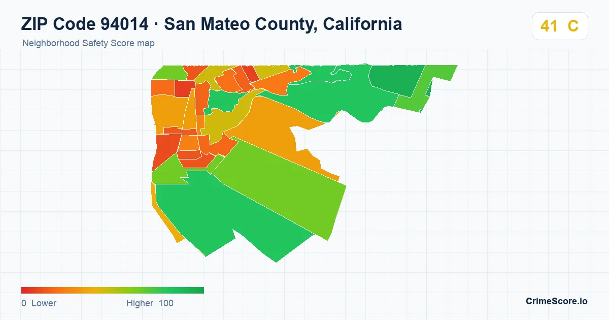 ZIP Code 94014 in San Mateo County, California neighborhood Safety Score map