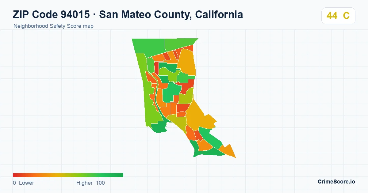 ZIP Code 94015 in San Mateo County, California neighborhood Safety Score map