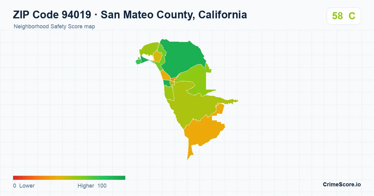 ZIP Code 94019 in San Mateo County, California neighborhood Safety Score map