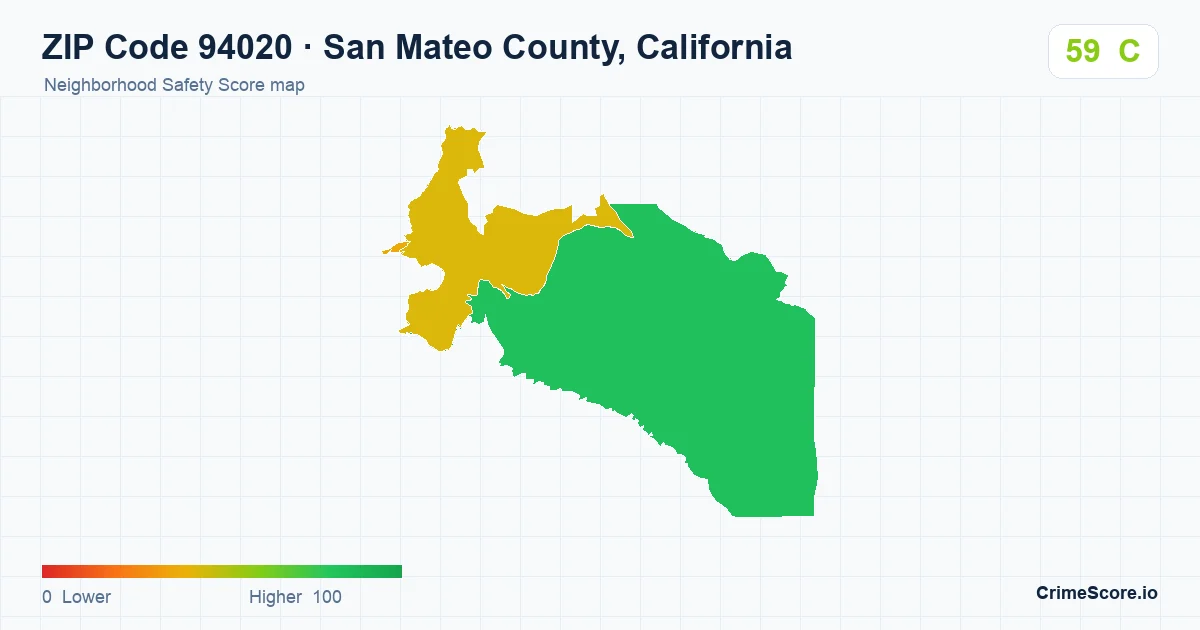 ZIP Code 94020 in San Mateo County, California neighborhood Safety Score map