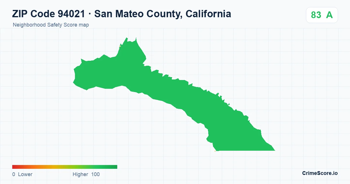 ZIP Code 94021 in San Mateo County, California neighborhood Safety Score map