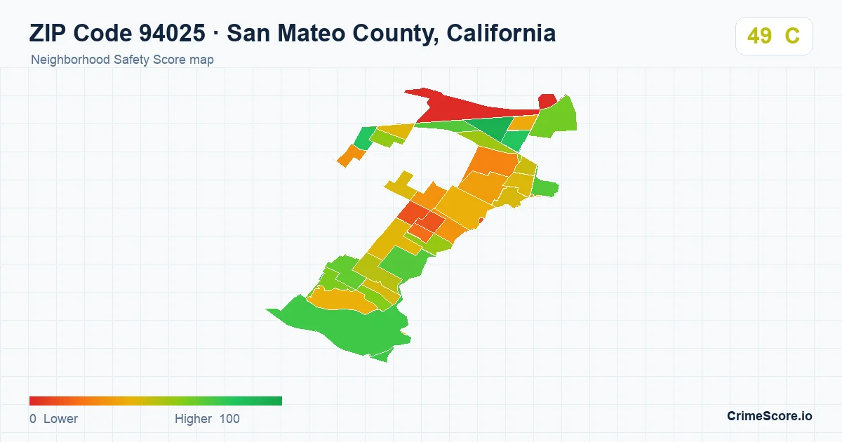 ZIP Code 94025 in San Mateo County, California neighborhood Safety Score map