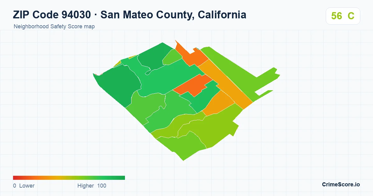 ZIP Code 94030 in San Mateo County, California neighborhood Safety Score map