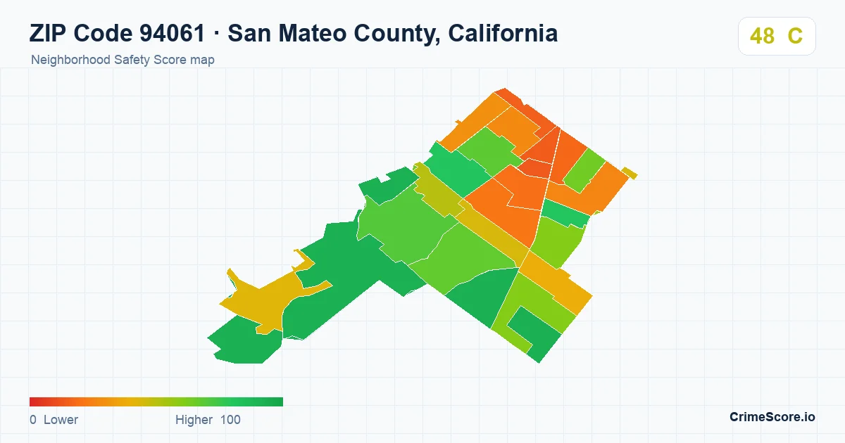 ZIP Code 94061 in San Mateo County, California neighborhood Safety Score map
