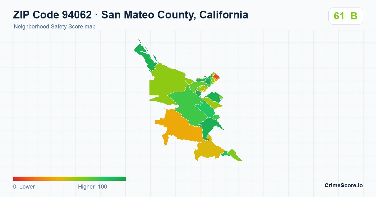 ZIP Code 94062 in San Mateo County, California neighborhood Safety Score map