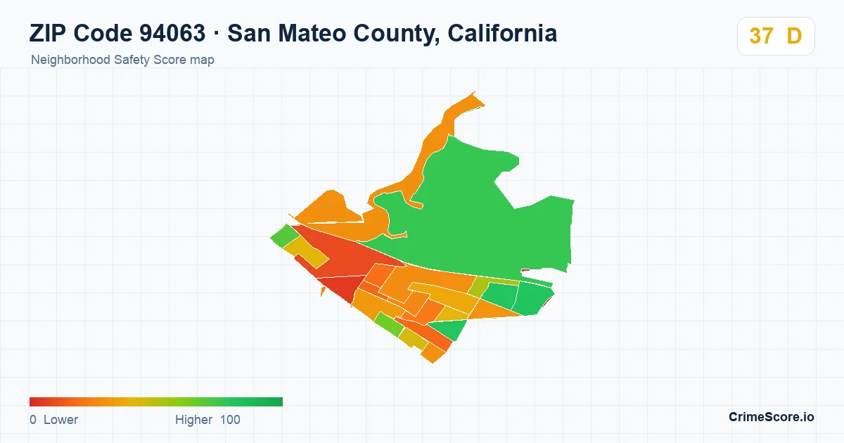 ZIP Code 94063 in San Mateo County, California neighborhood Safety Score map