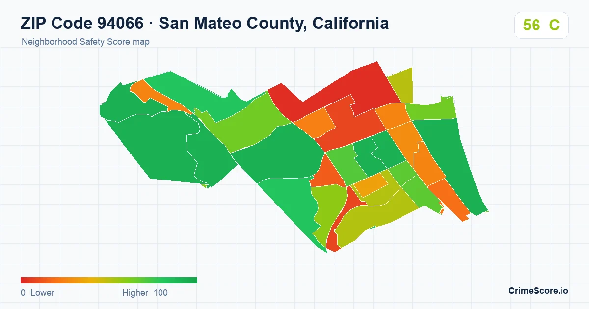 ZIP Code 94066 in San Mateo County, California neighborhood Safety Score map