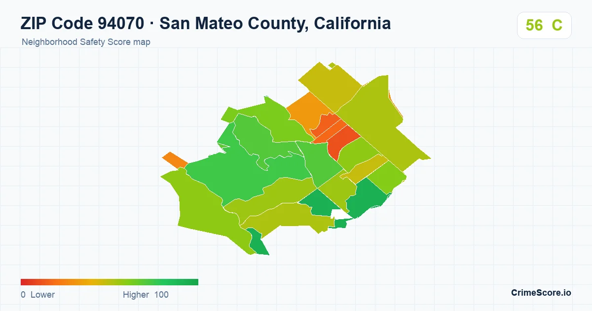 ZIP Code 94070 in San Mateo County, California neighborhood Safety Score map