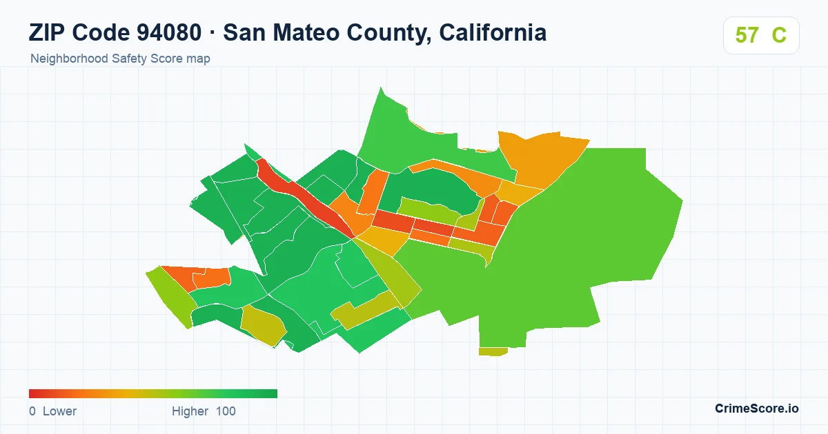 ZIP Code 94080 in San Mateo County, California neighborhood Safety Score map