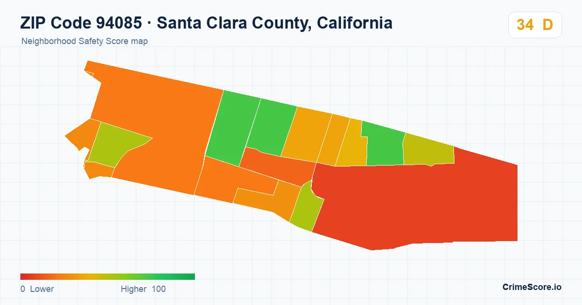 ZIP Code 94085 in Santa Clara County, California neighborhood Safety Score map