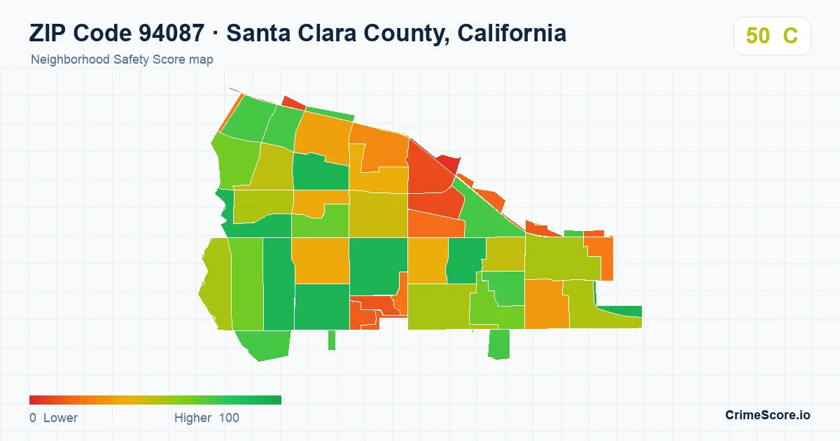 ZIP Code 94087 in Santa Clara County, California neighborhood Safety Score map