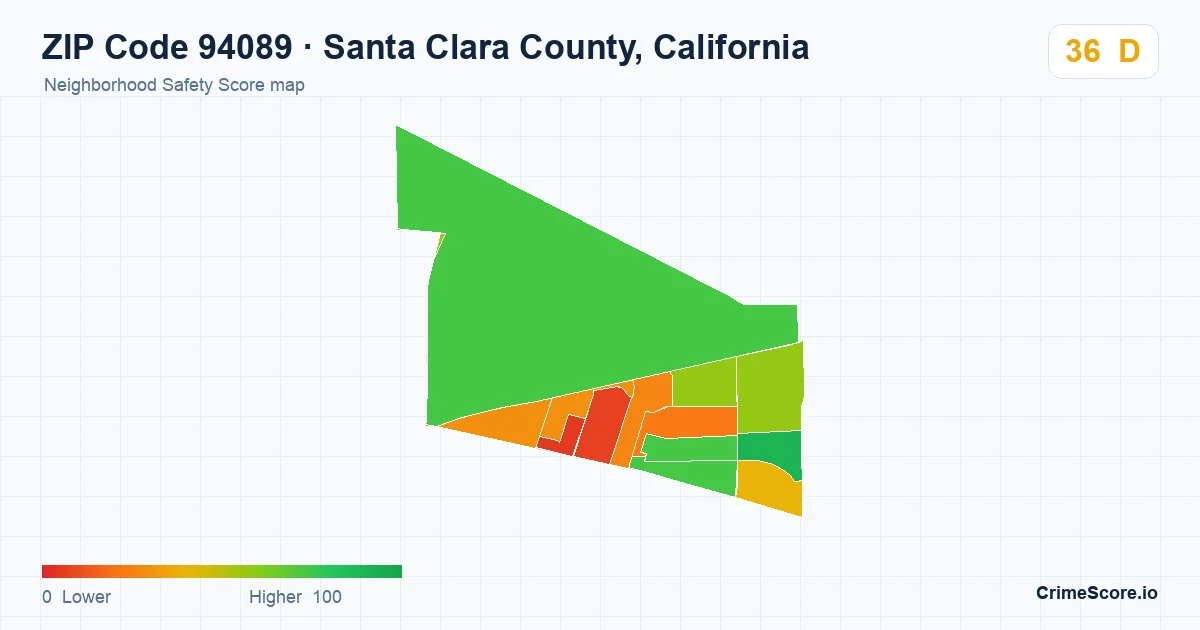ZIP Code 94089 in Santa Clara County, California neighborhood Safety Score map