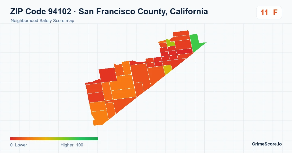 ZIP Code 94102 in San Francisco County, California neighborhood Safety Score map