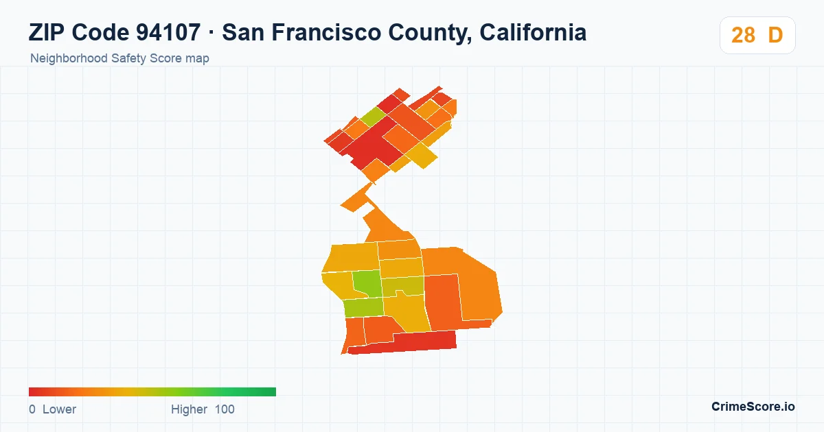 ZIP Code 94107 in San Francisco County, California neighborhood Safety Score map