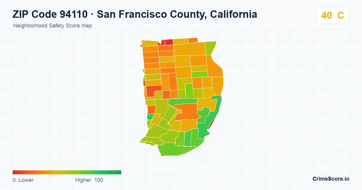 ZIP Code 94110 in San Francisco County, California neighborhood Safety Score map