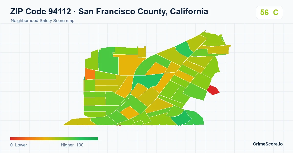 ZIP Code 94112 in San Francisco County, California neighborhood Safety Score map