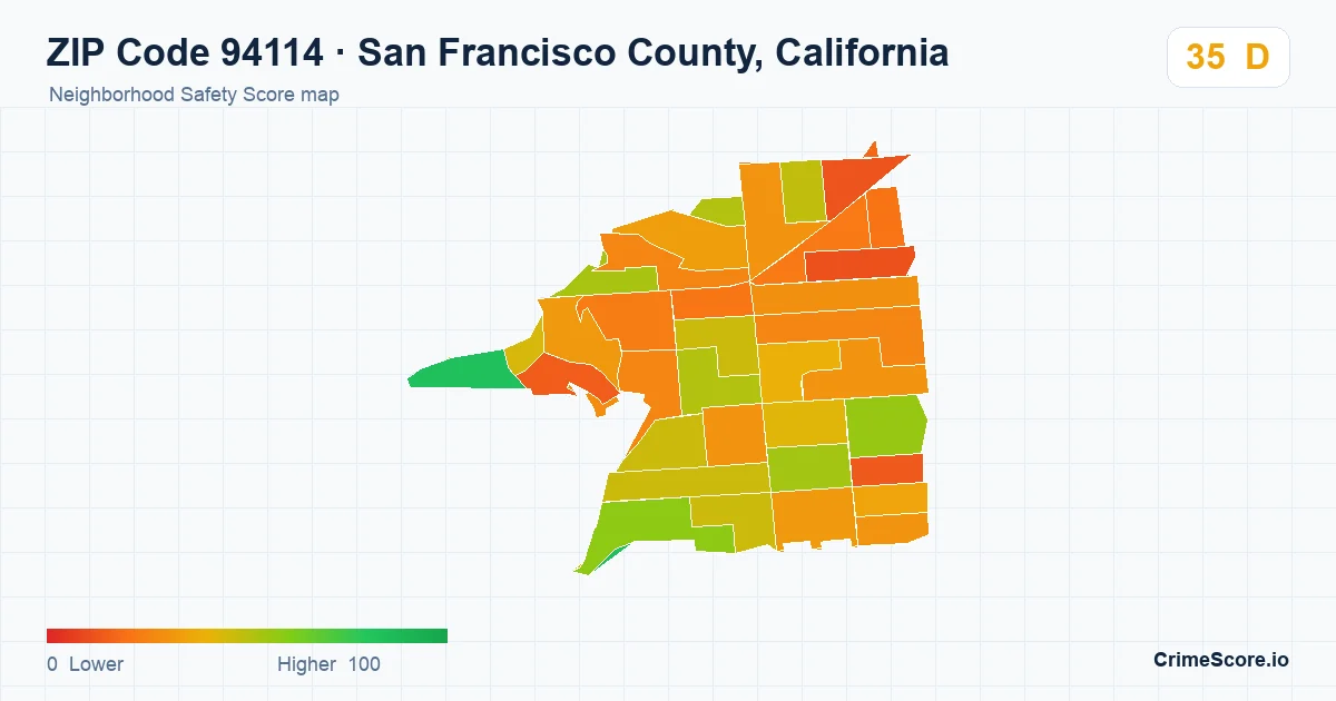 ZIP Code 94114 in San Francisco County, California neighborhood Safety Score map