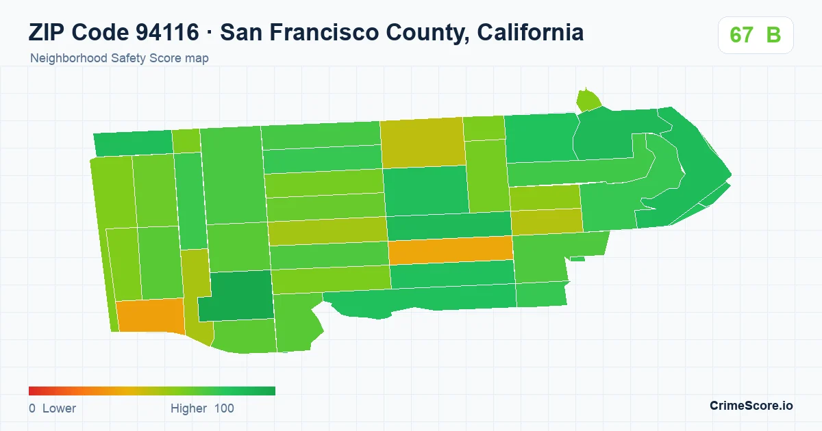ZIP Code 94116 in San Francisco County, California neighborhood Safety Score map
