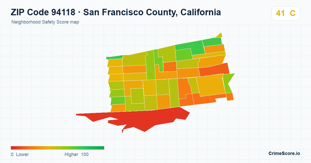 ZIP Code 94118 in San Francisco County, California neighborhood Safety Score map