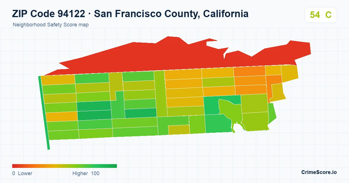 ZIP Code 94122 in San Francisco County, California neighborhood Safety Score map