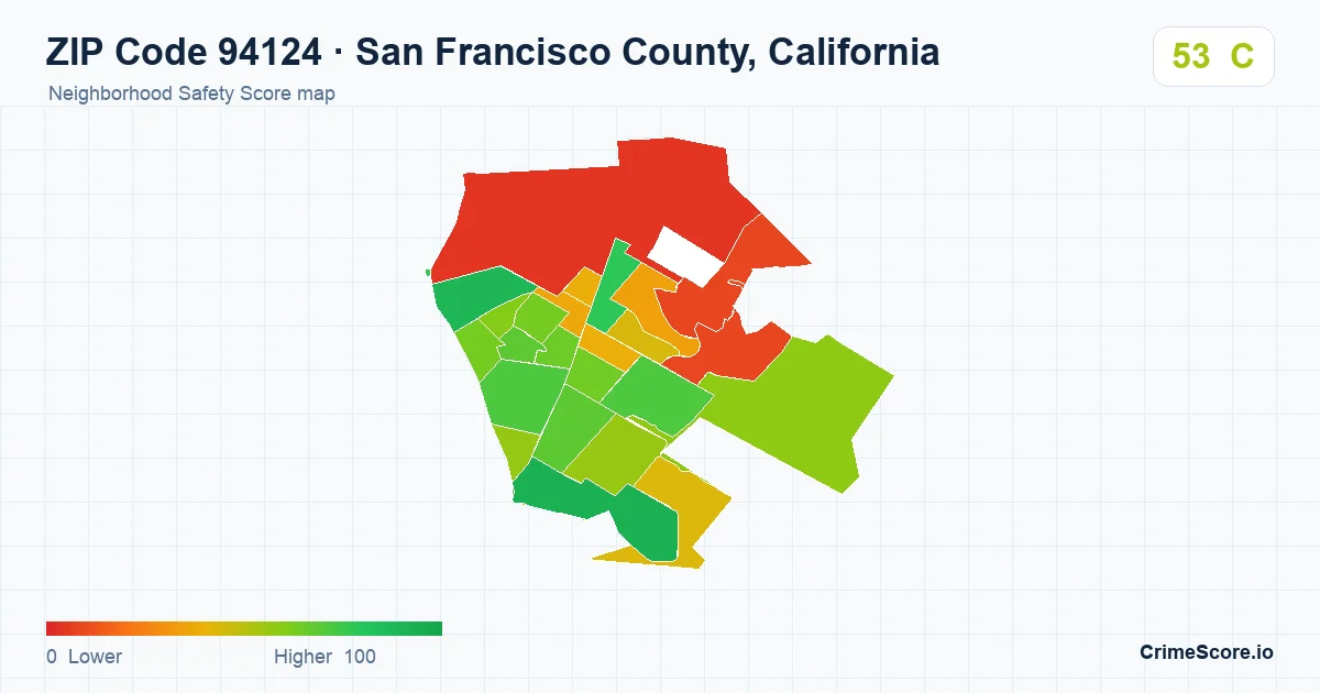 ZIP Code 94124 in San Francisco County, California neighborhood Safety Score map