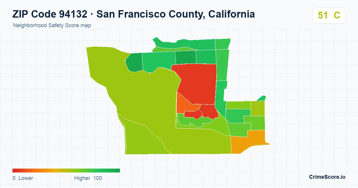 ZIP Code 94132 in San Francisco County, California neighborhood Safety Score map