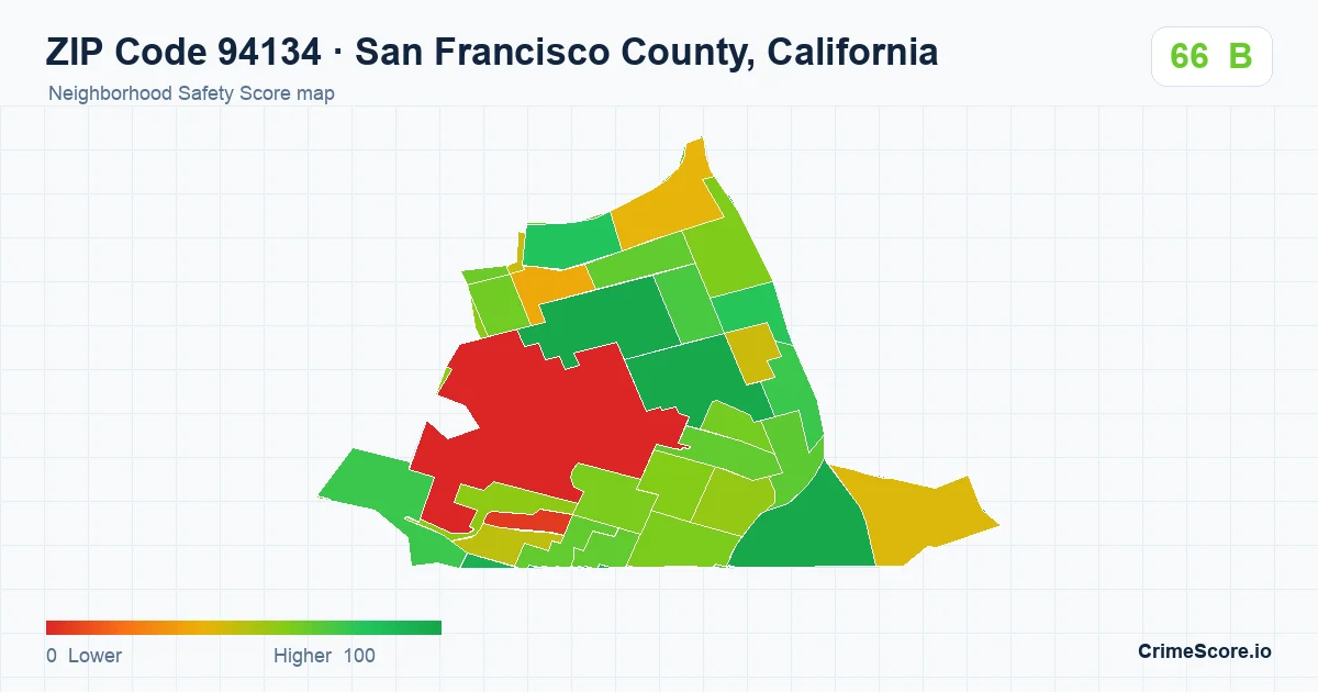 ZIP Code 94134 in San Francisco County, California neighborhood Safety Score map