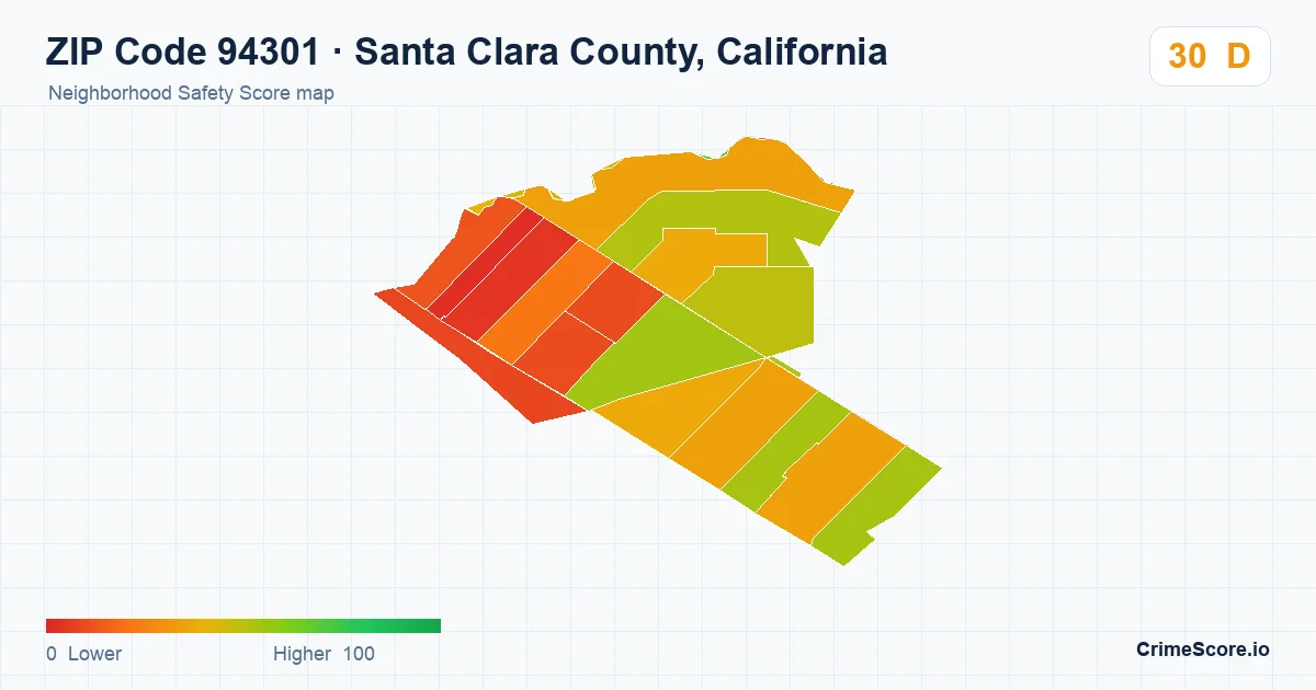 ZIP Code 94301 in Santa Clara County, California neighborhood Safety Score map