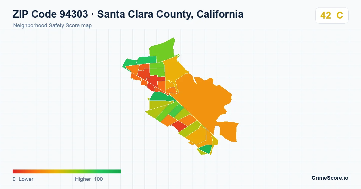 ZIP Code 94303 in Santa Clara County, California neighborhood Safety Score map