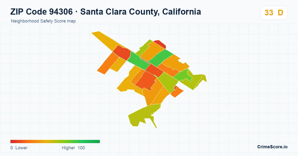 ZIP Code 94306 in Santa Clara County, California neighborhood Safety Score map