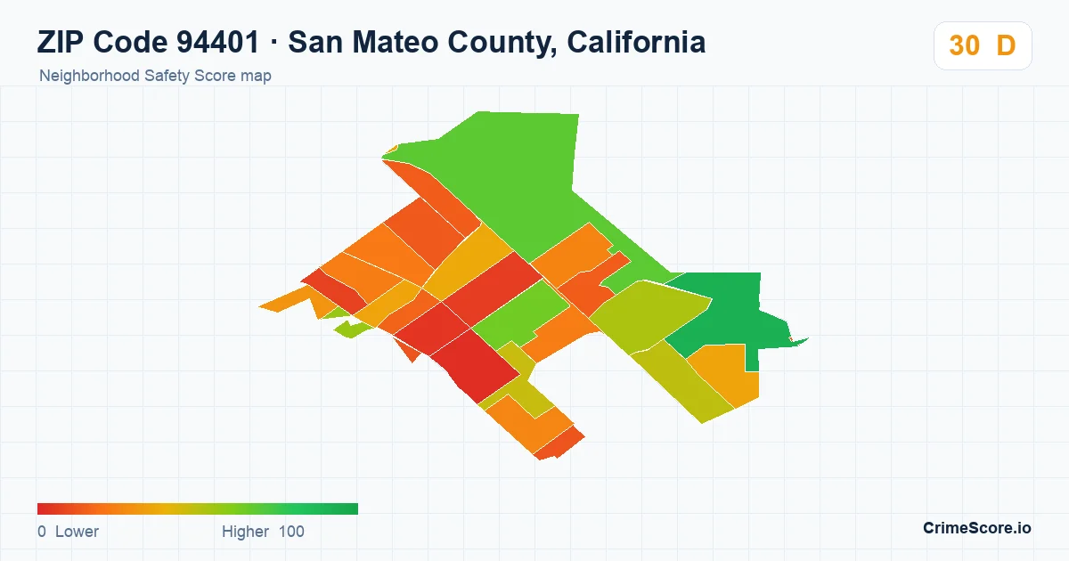 ZIP Code 94401 in San Mateo County, California neighborhood Safety Score map