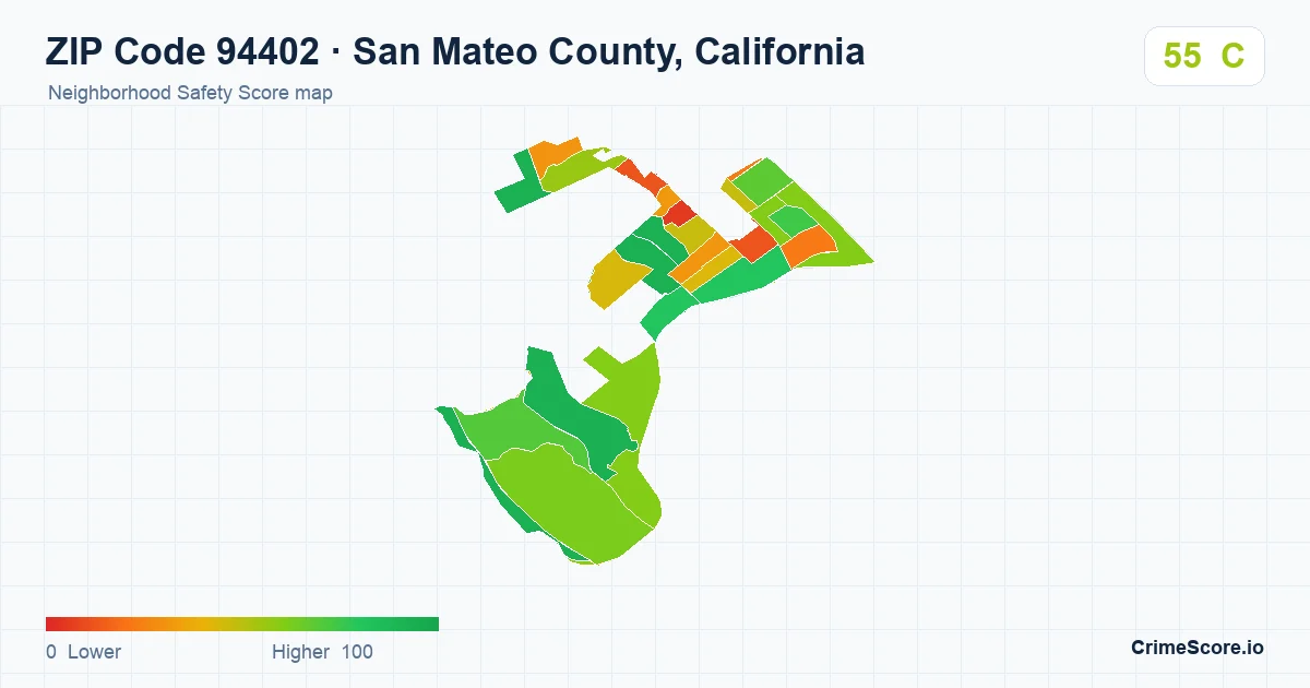 ZIP Code 94402 in San Mateo County, California neighborhood Safety Score map